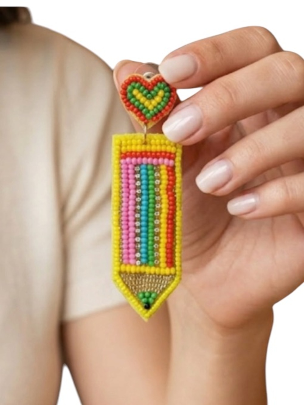 NWT Beaded Rainbow Pencil Earrings | Heart Teacher Gift | Handcrafted Statement